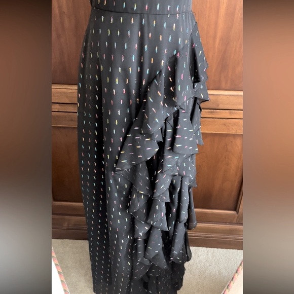 Betsy & Adam Metallic Chiffon Front Ruffle Slit Halter Neck Sleeveless Gown - Picture 6 of 16